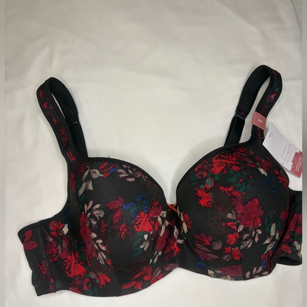 The Modern Cacique Collection  Black and Red‎ Floral Bra NWT Size 42C NWT